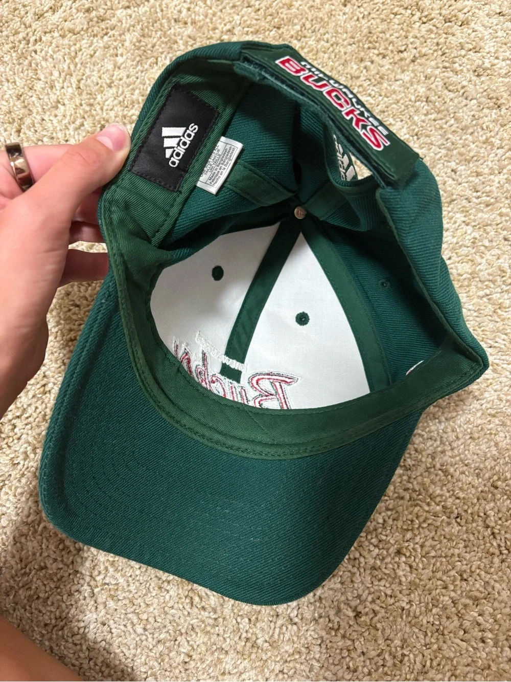 adidas Milwaukee Bucks Green Baseball Cap with Red Script
